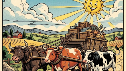 Vintage comic-style illustration of three bulls pulling a loaded wagon through sunny farmland, with “EPRX” and “Trio of Bulls” above.