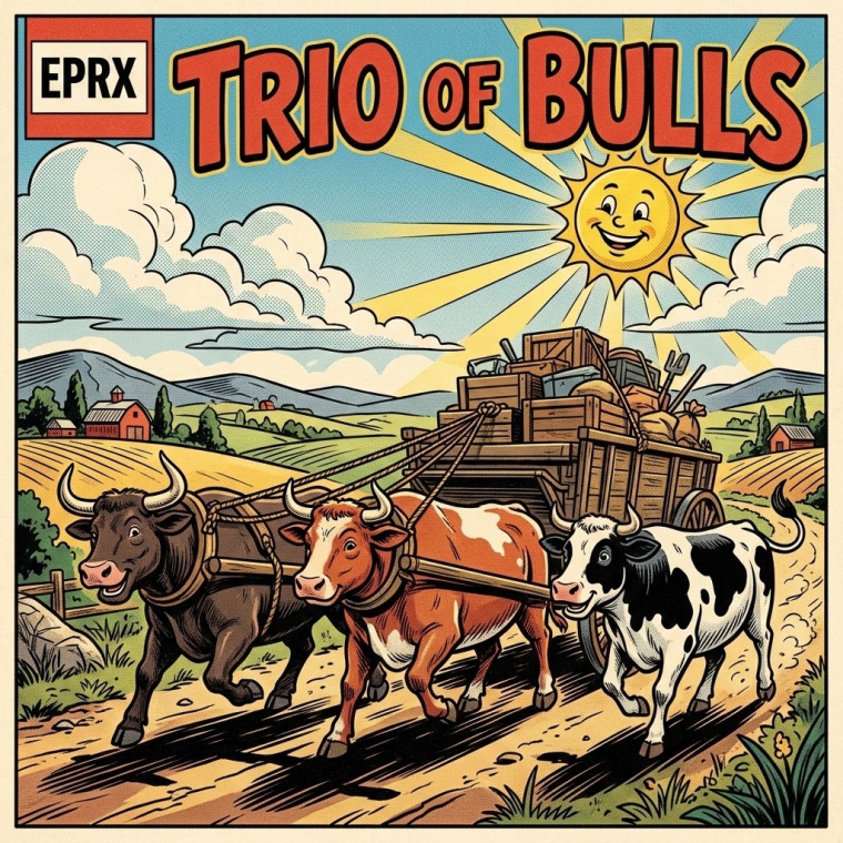 Vintage comic-style illustration of three bulls pulling a loaded wagon through sunny farmland, with “EPRX” and “Trio of Bulls” above.