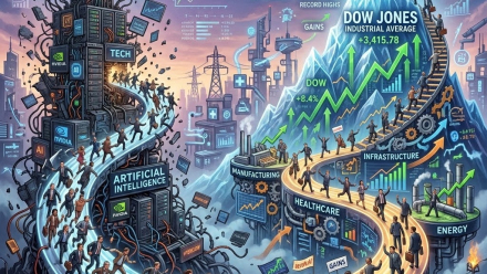 Surreal illustration of investors leaving an AI technology tower for healthcare, manufacturing, infrastructure and energy sectors beneath a rising Dow Jones mountain.