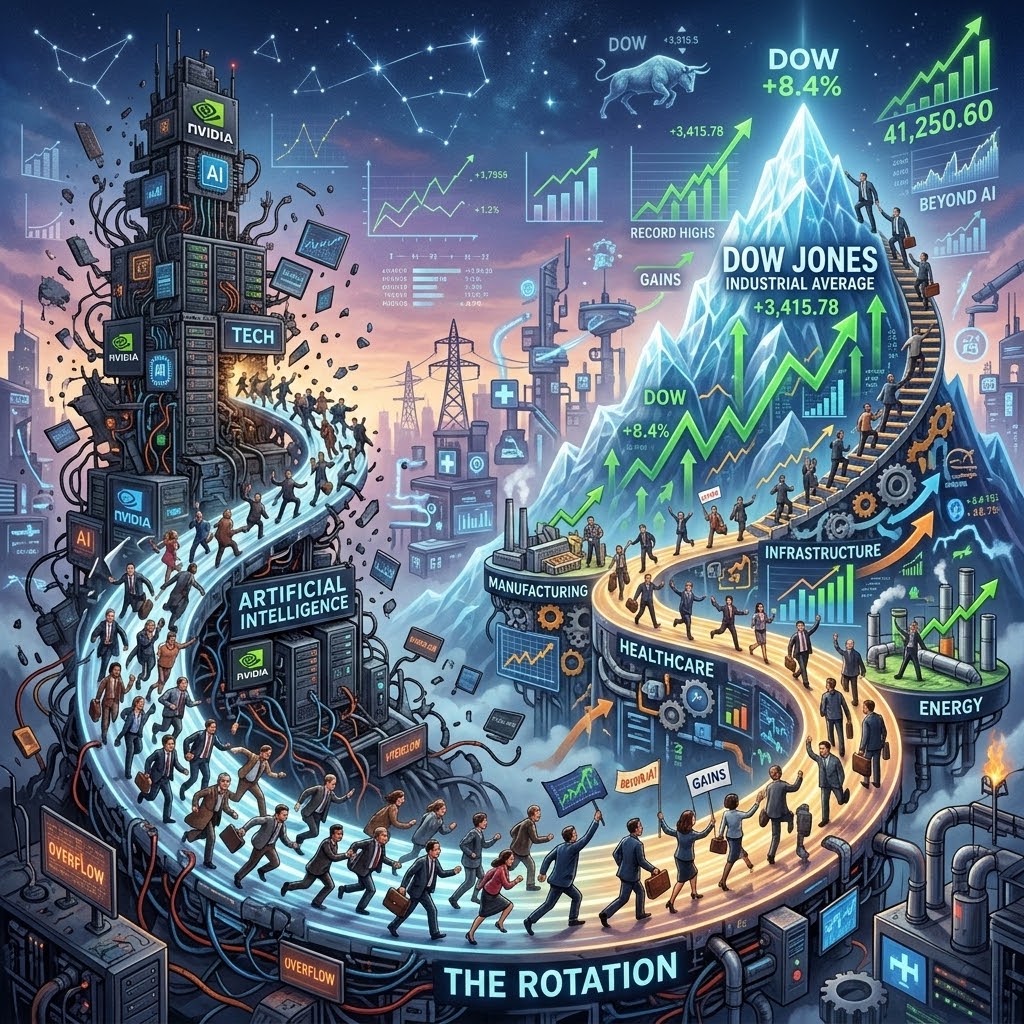 Surreal illustration of investors leaving an AI technology tower for healthcare, manufacturing, infrastructure and energy sectors beneath a rising Dow Jones mountain.